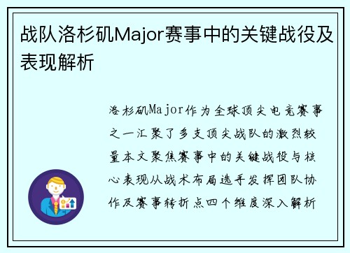 战队洛杉矶Major赛事中的关键战役及表现解析