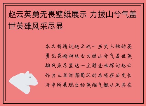 赵云英勇无畏壁纸展示 力拔山兮气盖世英雄风采尽显