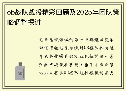 ob战队战役精彩回顾及2025年团队策略调整探讨